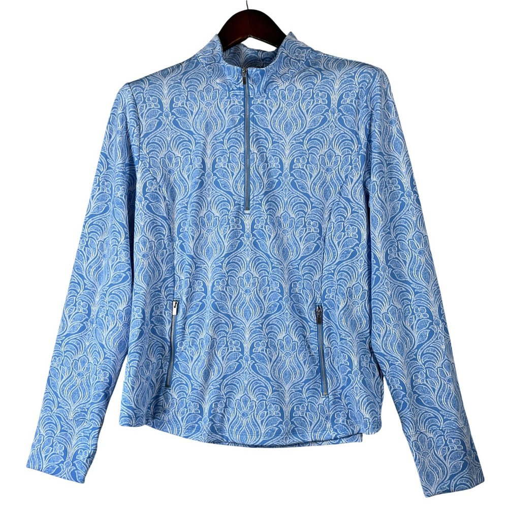 Laura Ashley UPF 50 Quarter Zip Pullover XL Blue White Active Top Thumbholes NWT